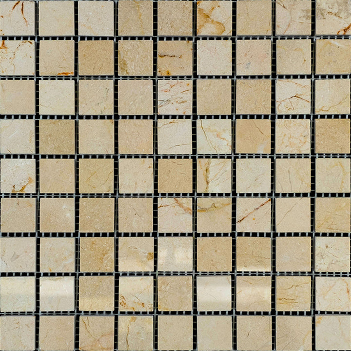 Overview of Crema Marfil Marble 1" square honed mosaic, emphasizing clean lines and natural matte stone finish.