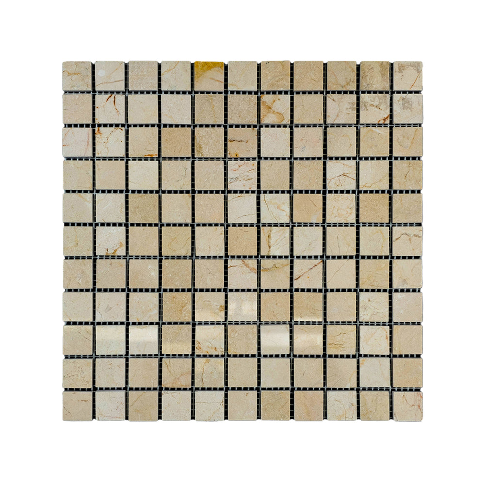 Overhead shot of 1 inch square Crema Marfil Marble mosaic in a honed finish, delivering simple elegance through a clean grid and neutral stone texture.