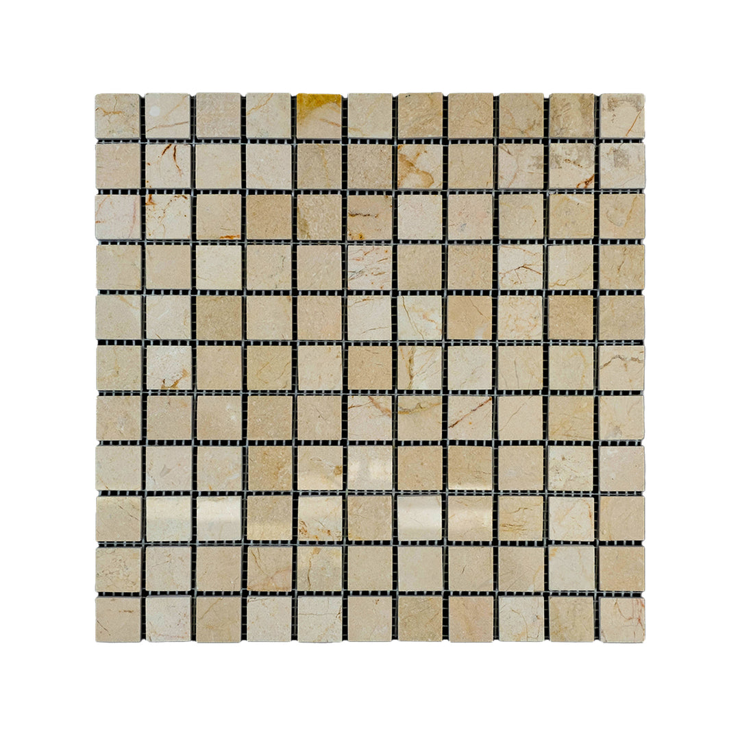 Overhead shot of 1 inch square Crema Marfil Marble mosaic in a honed finish, delivering simple elegance through a clean grid and neutral stone texture.