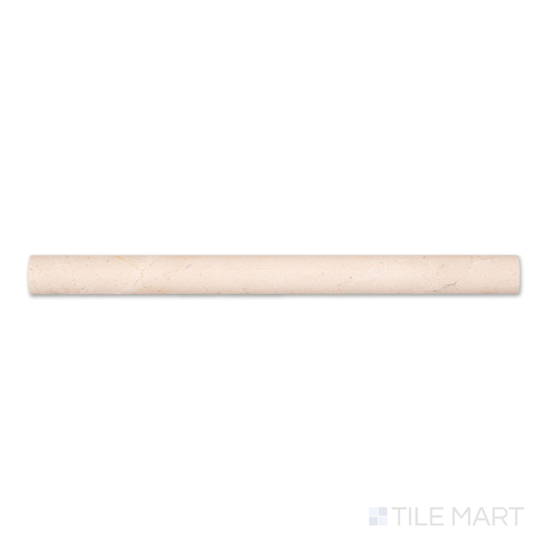 Top-down image of Crema Marfil Marble 1x12 polished quarter round, a curved edge glossy trim in soft beige marble.