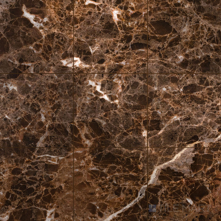 Showcasing a refined look, the Emperador Dark Marble 12x12 Polished Tile highlights deep brown tones and a sleek, glossy finish.