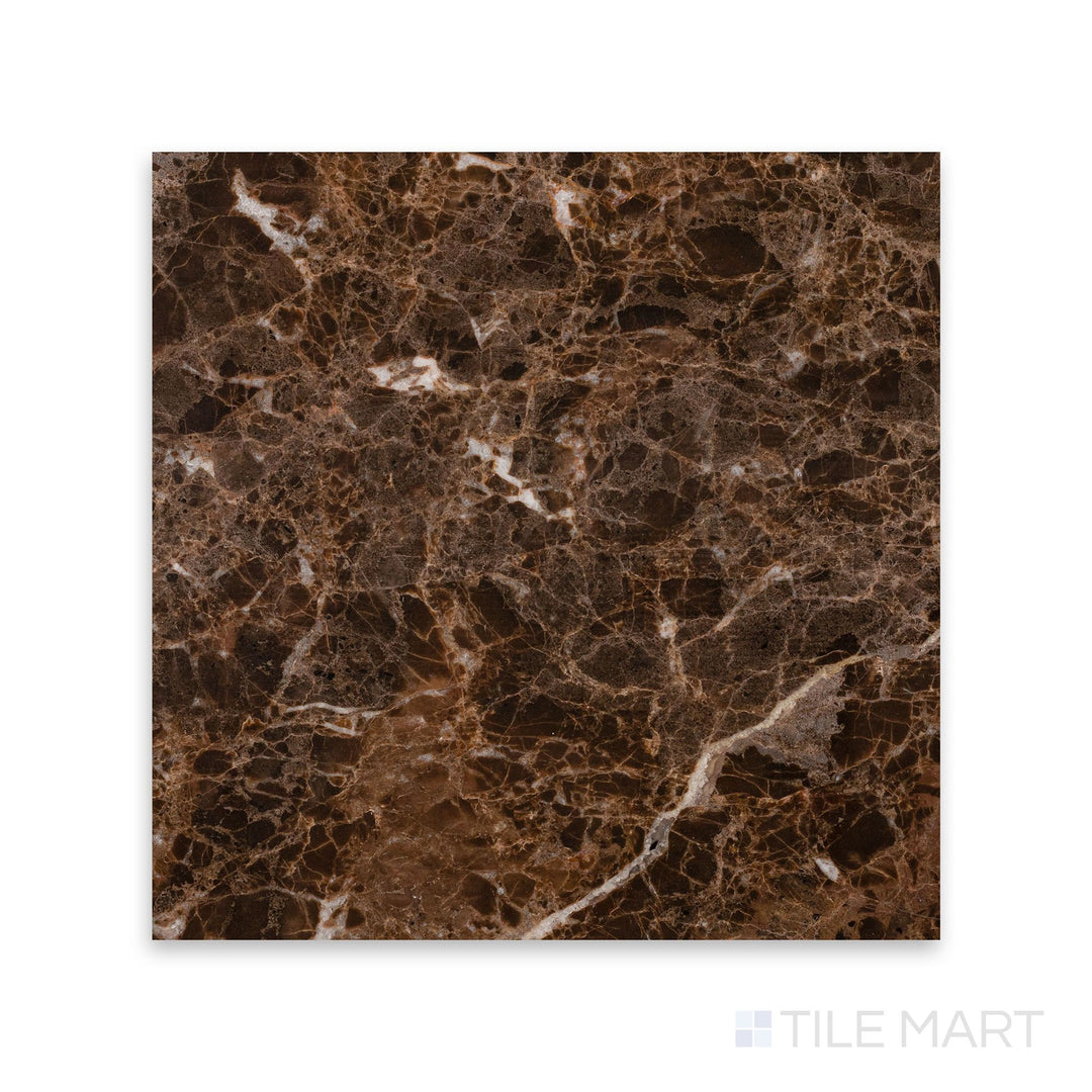Polished Emperador Dark Marble 12x12 tile viewed from above, showcasing rich chocolate tones with white veining and a glossy surface for upscale interiors.