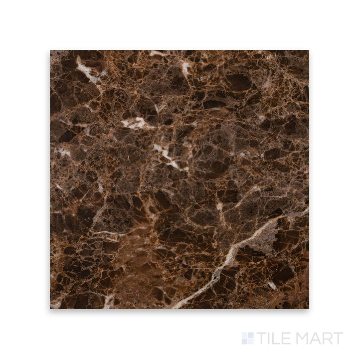 Polished Emperador Dark Marble 12x12 tile viewed from above, showcasing rich chocolate tones with white veining and a glossy surface for upscale interiors.