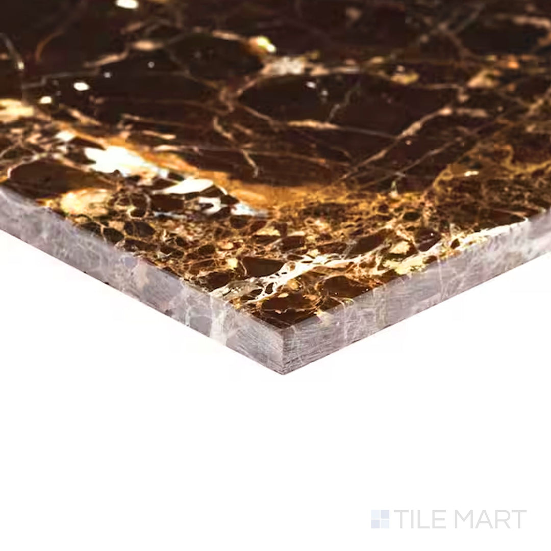 A detailed corner view of Emperador Dark Marble 12x12 polished tile showing rich brown tone and reflective surface.