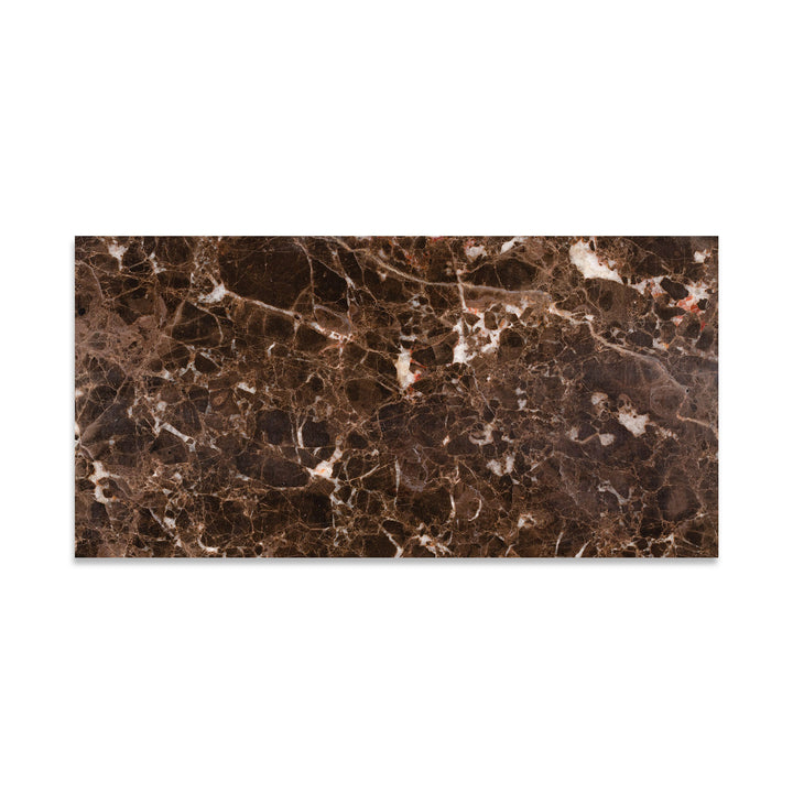 Top-down image of Emperador Dark Marble 12x24 polished tile, featuring elongated rectangular shape with deep brown coloration and reflective finish.