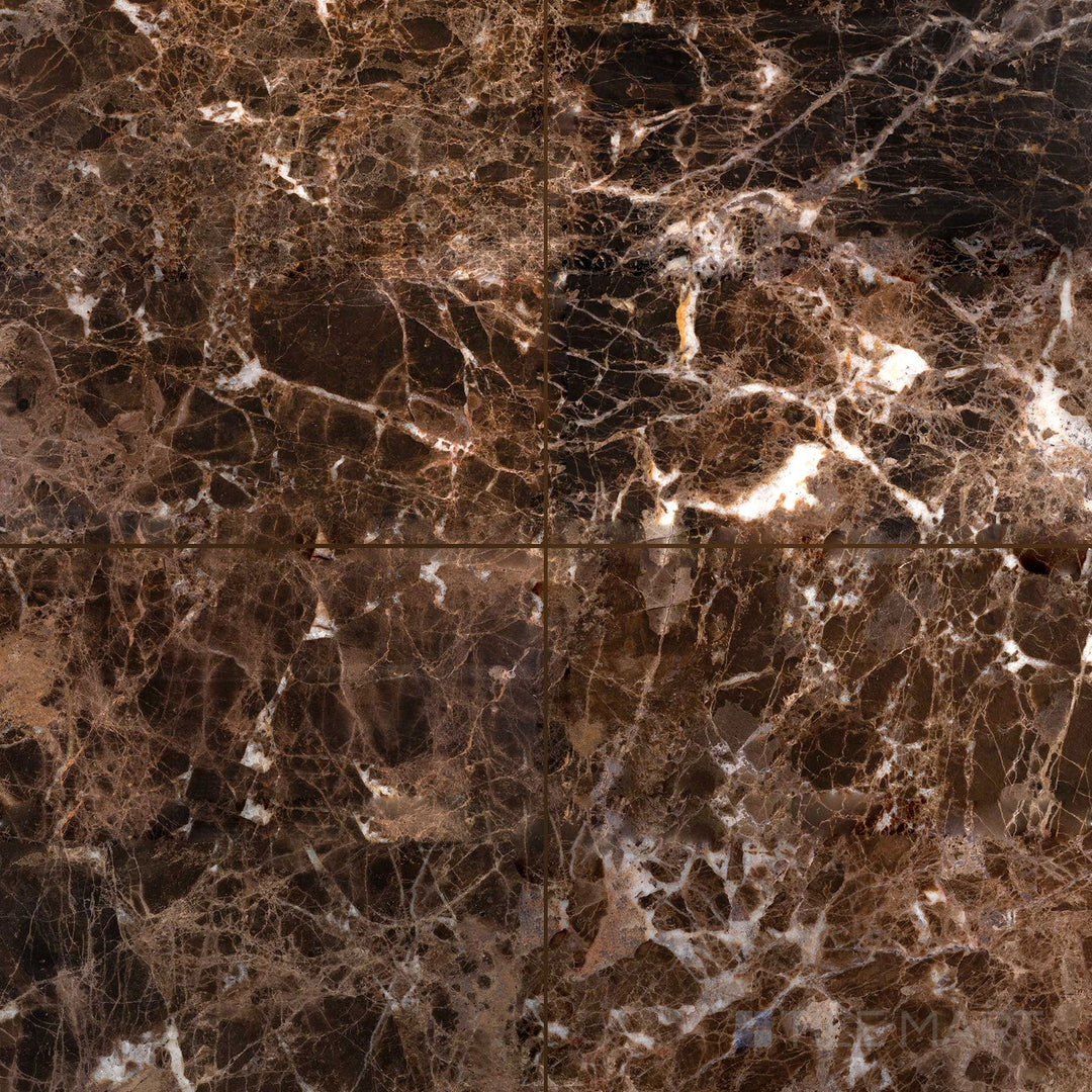 The Emperador Dark Marble 18x18 Polished Tile offers a bold presence with its large format and smooth, polished surface.