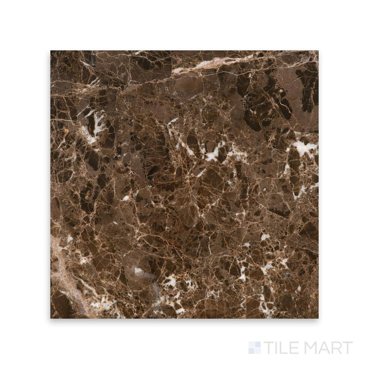 Overhead view of 18x18 Emperador Dark Marble tile in polished finish, offering dramatic veining and rich earthy tones in a square format.