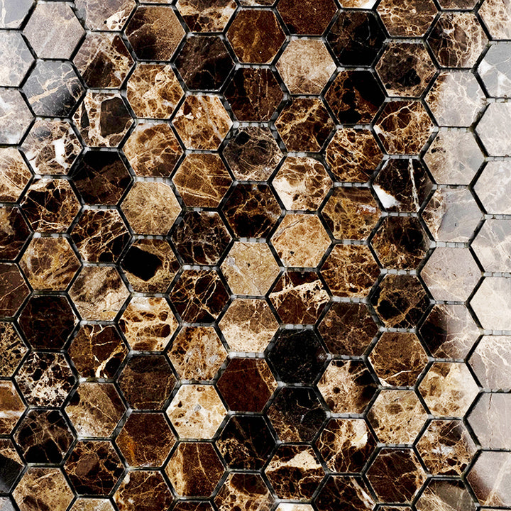 Emperador Dark Marble 1" Hexagon Polished Mosaic features a honeycomb layout with smooth, polished brown marble for a stylish surface view.
