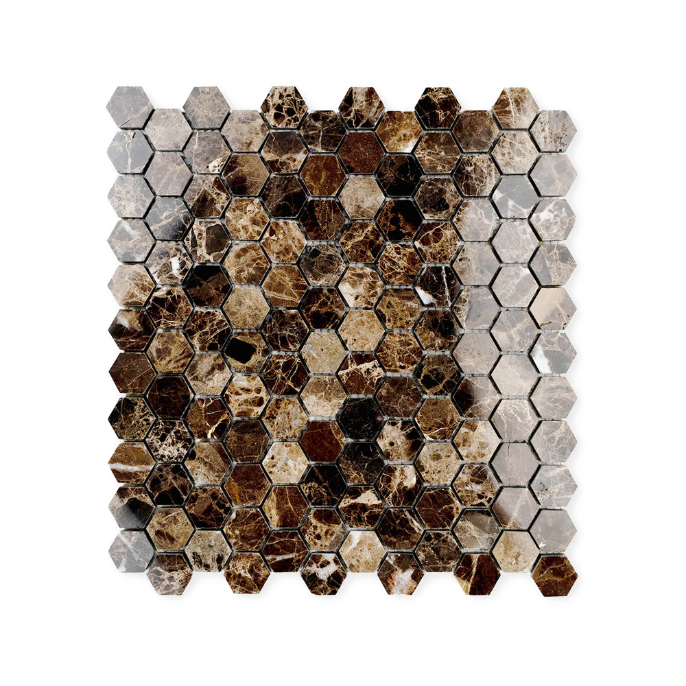 Polished Emperador Dark Marble 1 inch hexagon mosaic viewed from above, presenting a honeycomb pattern with glossy finish and bold veining.