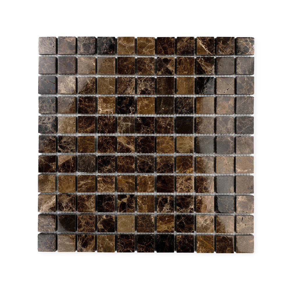 Polished Emperador Dark Marble 1 inch square mosaic seen from above, showcasing a structured layout with bold veining and a smooth reflective surface.