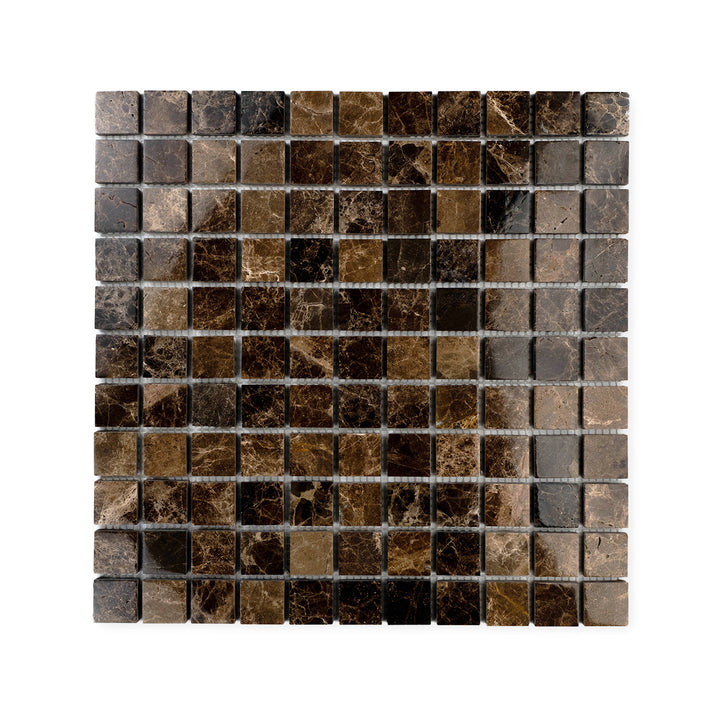 Polished Emperador Dark Marble 1 inch square mosaic seen from above, showcasing a structured layout with bold veining and a smooth reflective surface.