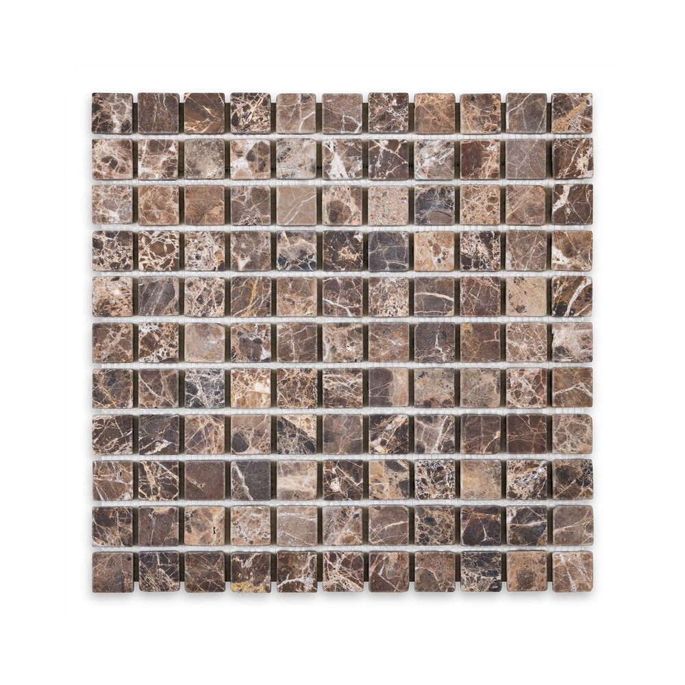 Overhead image of Emperador Dark Marble 1 inch square tumbled mosaic, offering softened edges and a rustic surface with natural stone appeal.