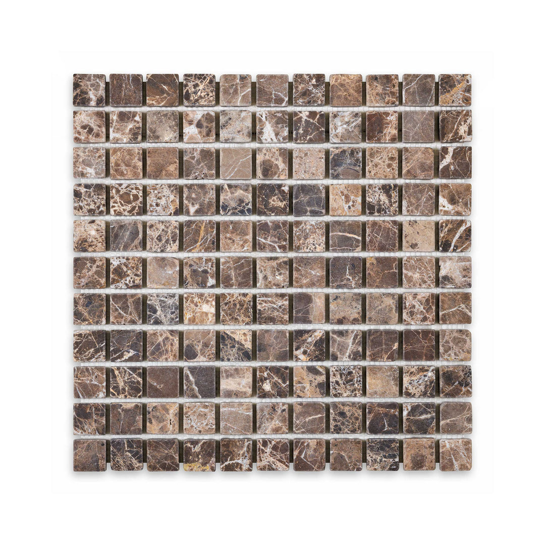 Overhead image of Emperador Dark Marble 1 inch square tumbled mosaic, offering softened edges and a rustic surface with natural stone appeal.