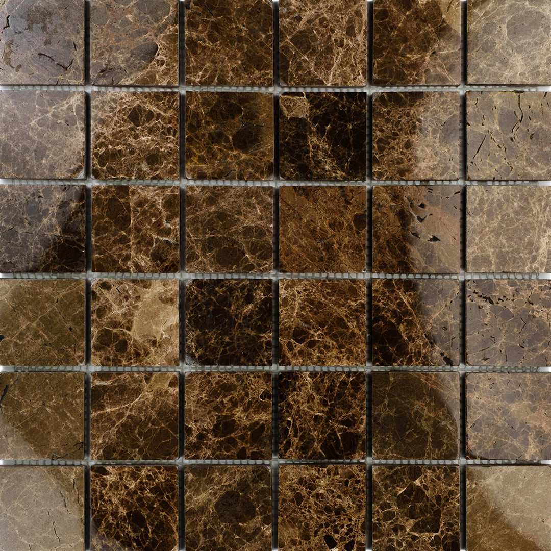 With bold elegance, the Emperador Dark Marble 2" Square Polished Mosaic offers a polished layout of larger square tiles in deep brown hues.