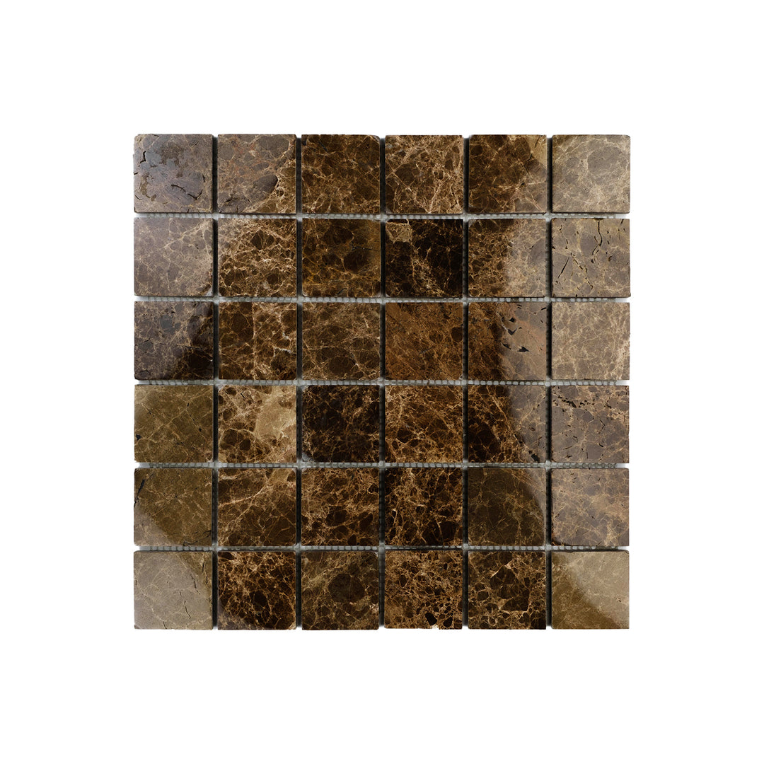 Top view of Emperador Dark Marble 2 inch square mosaic in polished finish, combining spacious grid layout with elegant dark marble shine.