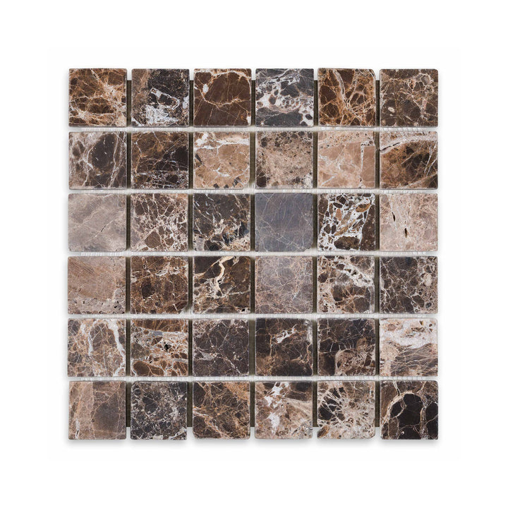 Tumbled Emperador Dark Marble 2 inch square mosaic captured from above, highlighting a natural matte finish and weathered texture in deep brown tones.