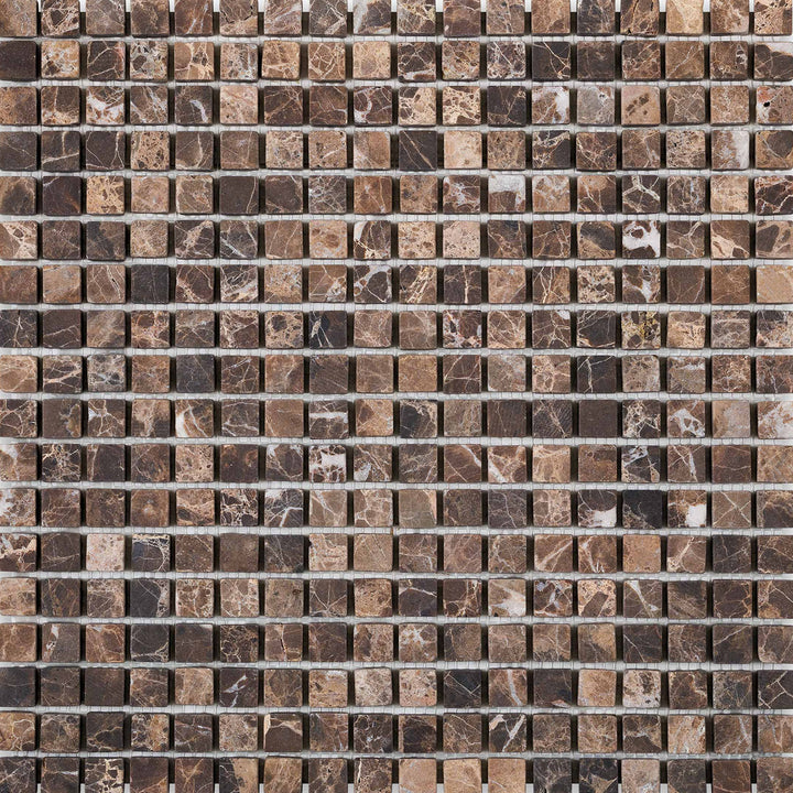 Petite and timeless, the Emperador Dark Marble 5/8" Square Tumbled Mosaic features small tumbled tiles perfect for intricate detail.