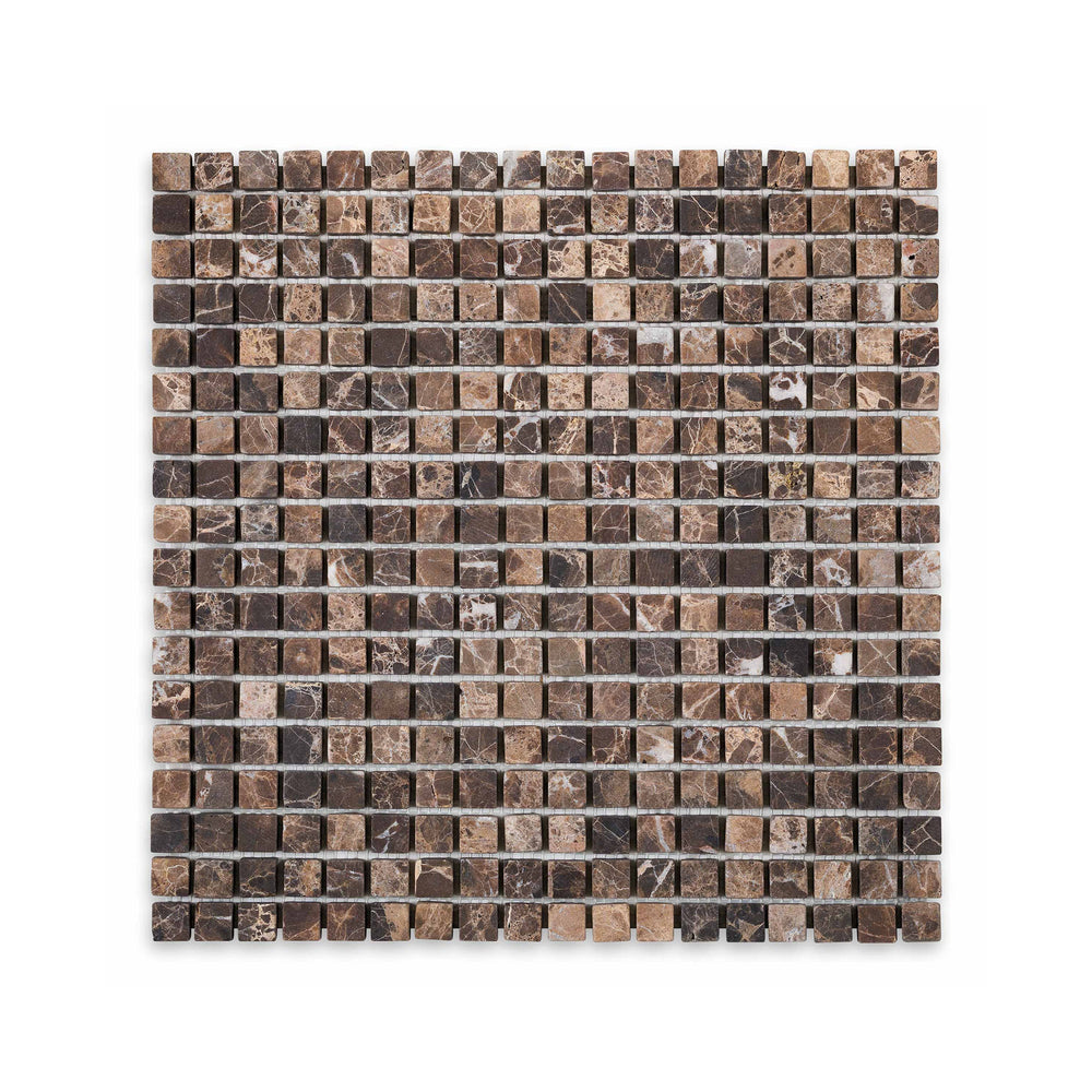 Overhead shot of Emperador Dark Marble 5/8 inch square tumbled mosaic, delivering a compact tile pattern with antique finish and subtle veining.