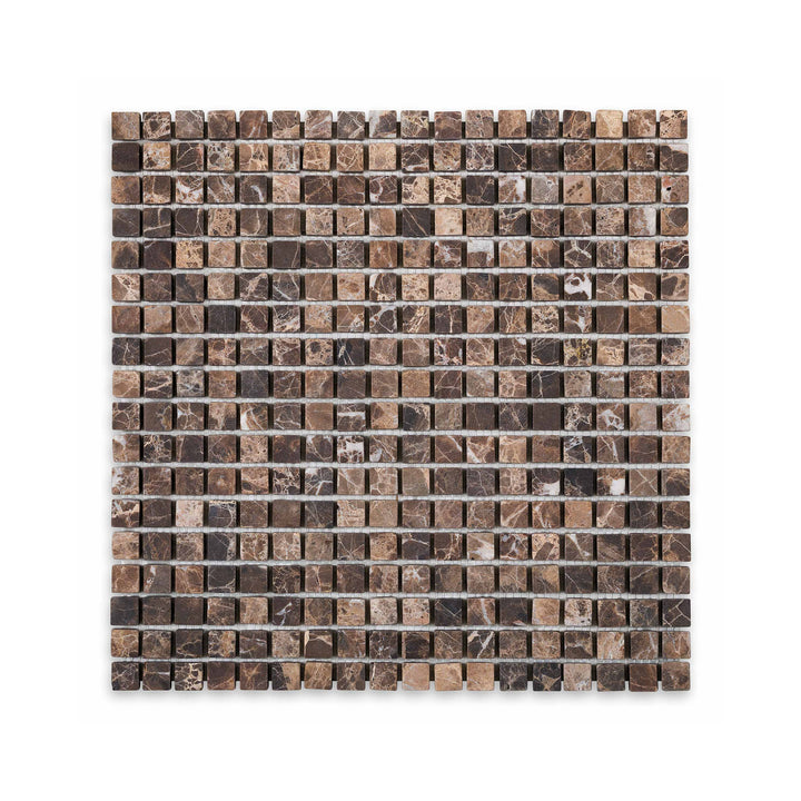 Overhead shot of Emperador Dark Marble 5/8 inch square tumbled mosaic, delivering a compact tile pattern with antique finish and subtle veining.