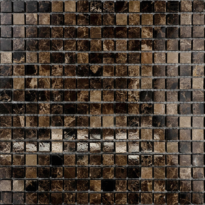 The Emperador Dark Marble 5/8" Square Polished Mosaic adds polished brilliance in a tight square pattern for an upscale mosaic style.
