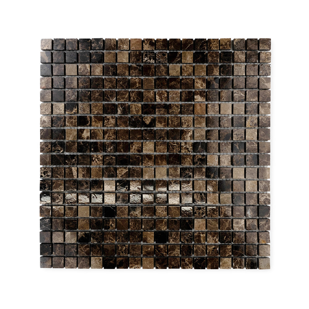 Top-down image of polished 5/8 inch square Emperador Dark Marble mosaic, featuring high shine and compact tile alignment in deep, elegant tones.