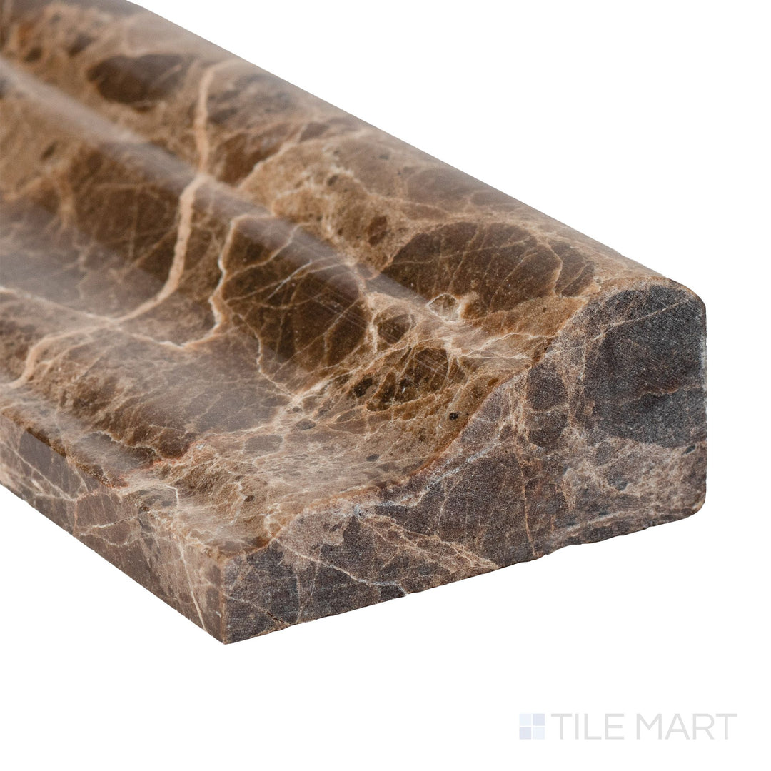 Polished to perfection, the Emperador Dark Marble 2x12 grand chair rail corner captures refined veining and shine.