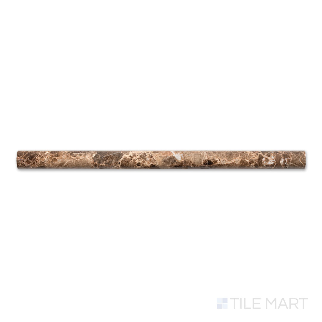 Top-down image of Emperador Dark Marble 0.75x12 polished standard liner, a narrow, shiny trim in deep brown with natural veining.