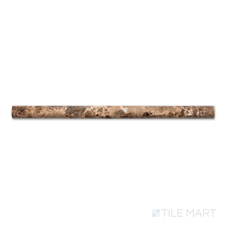 Top-down image of Emperador Dark Marble 0.75x12 polished standard liner, a narrow, shiny trim in deep brown with natural veining.