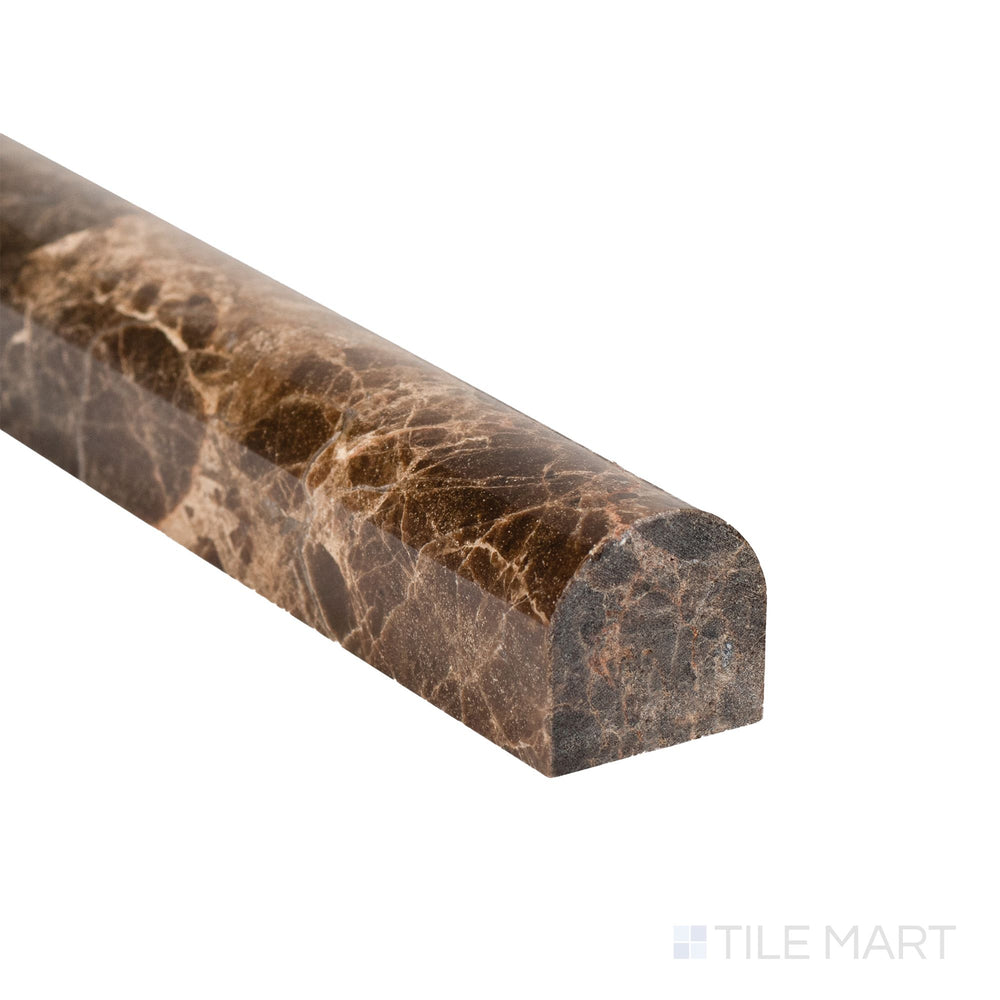 A close corner shot of Emperador Dark Marble 0.75x12 polished standard liner showcasing sleek edge and glossy tone.