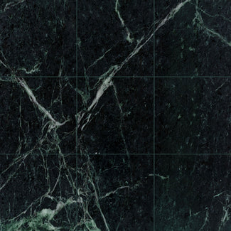 Empress Green Marble 12x12 Polished Tile displays deep green hues with elegant white veining in a classic polished square layout.