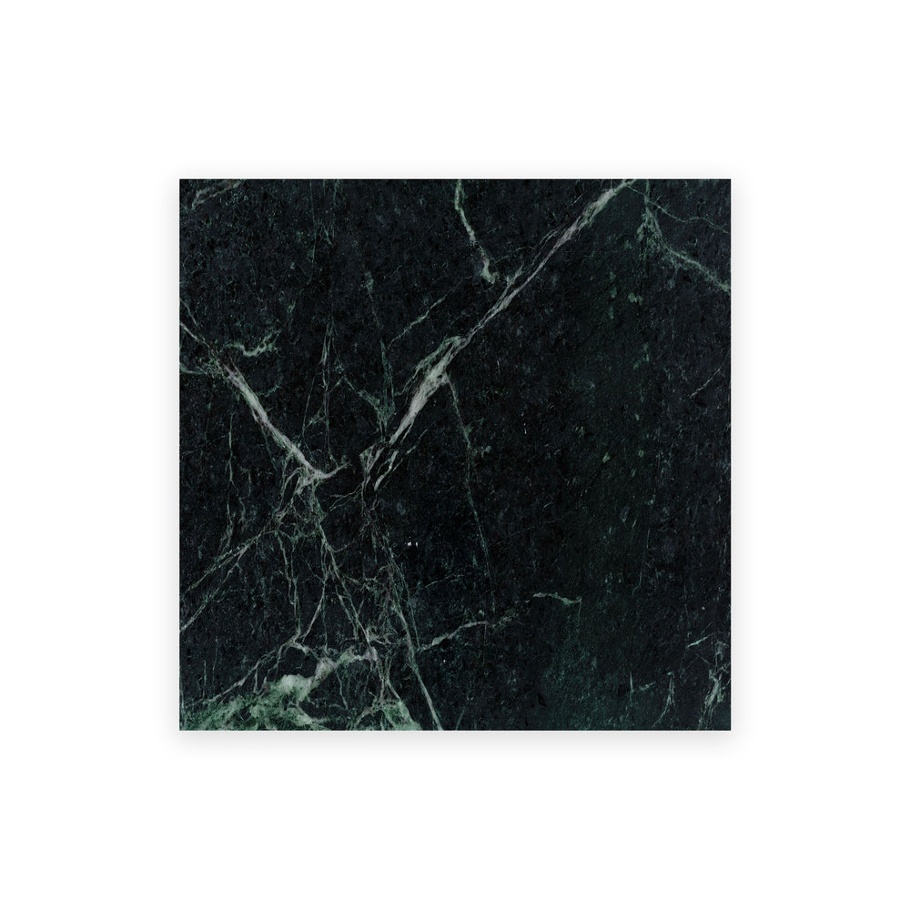 Overhead view of Empress Green Marble 12x12 polished tile, showcasing deep green tones with white veining and a glossy surface ideal for luxurious settings.