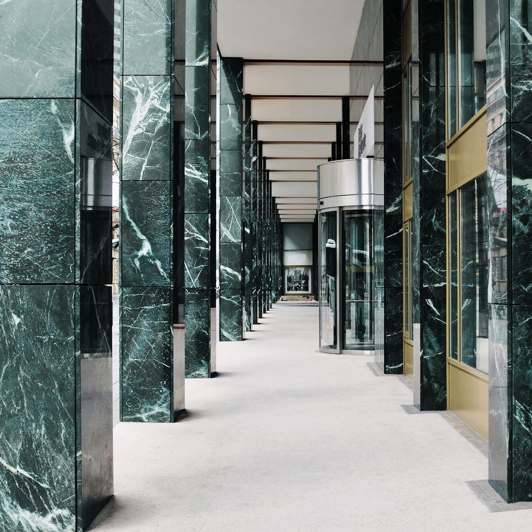 Luxurious hallway with marble columns and modern design