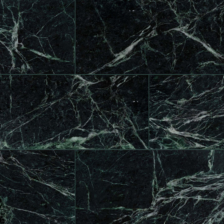 A bold natural stone, Empress Green Marble 12x24 Polished Tile highlights a rich green tone and a sleek, elongated rectangular format.