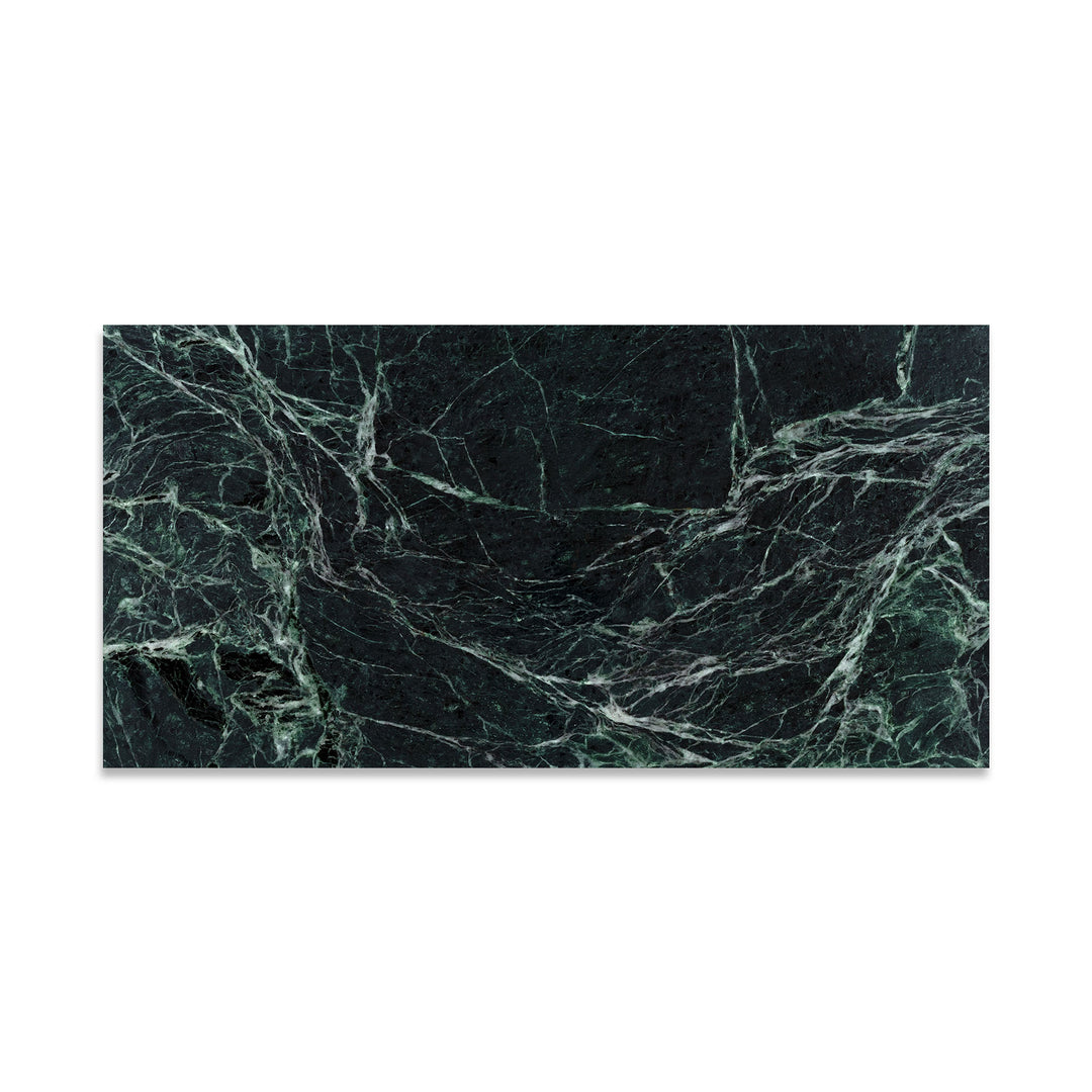Polished 12x24 Empress Green Marble tile captured from the top, featuring a dramatic green palette with flowing veining and a reflective finish.