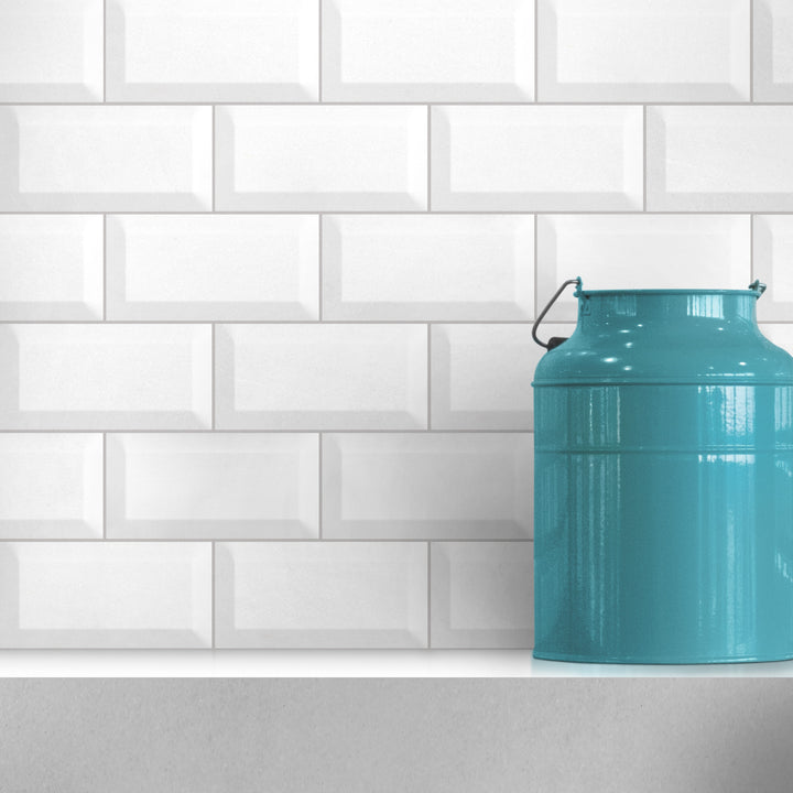 Polished Thassos White marble 3x6 tile displayed in a bright interior with luminous stone character