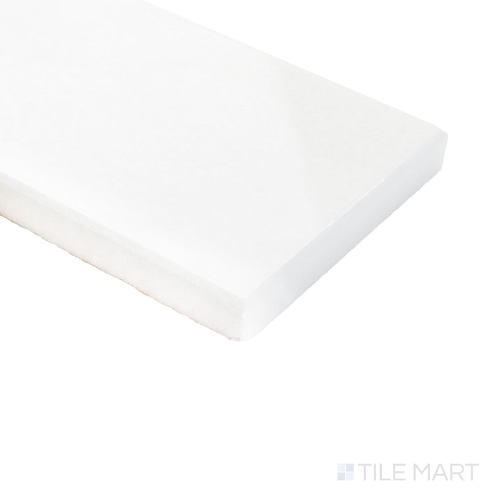 Corner view of polished Thassos White marble 3x6 tile highlighting crisp edges and luminous stone surface