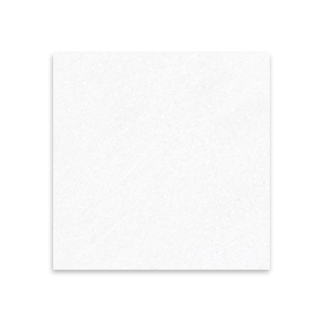 Thassos White Marble 18x18 tile in honed finish seen from above, offering a soft matte sheen and pure white color in a large square format.