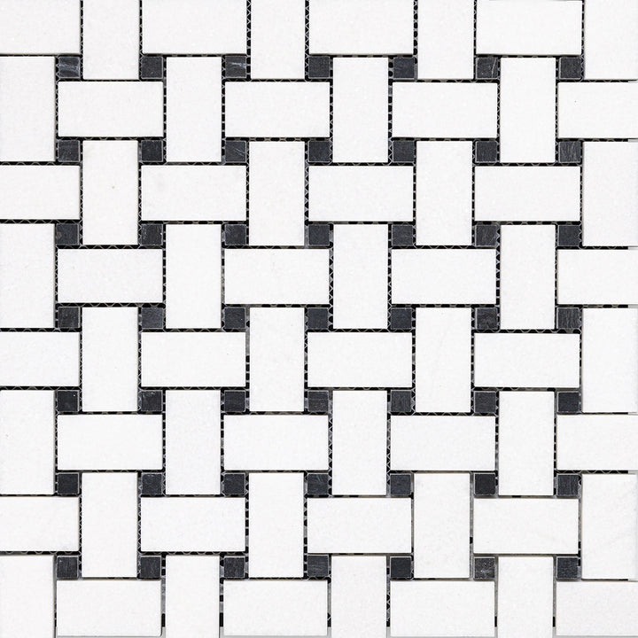 Classic meets contrast in the Thassos White Marble Basketweave with Black Dot Honed Mosaic, offering a timeless pattern in a matte finish.