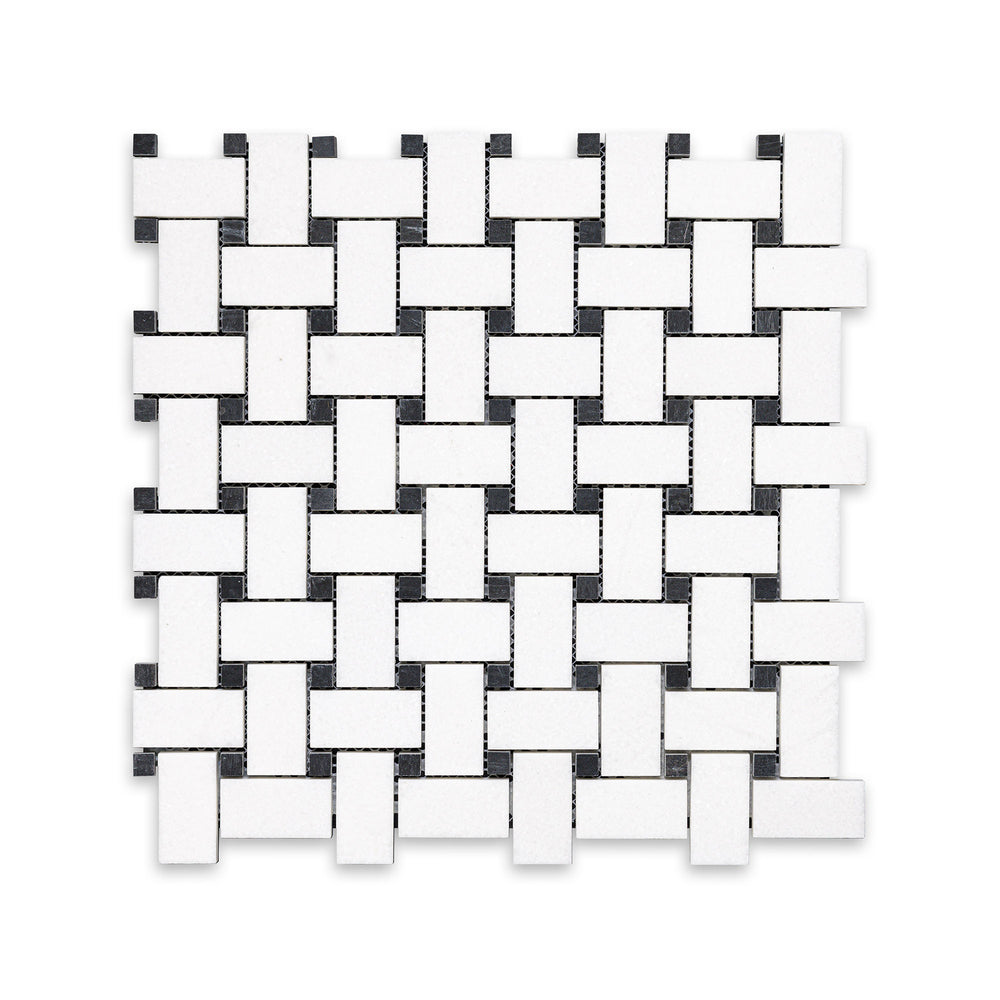 Top-down view of Thassos White Marble basketweave mosaic with black dot in honed finish, combining timeless pattern with striking contrast and smooth texture.