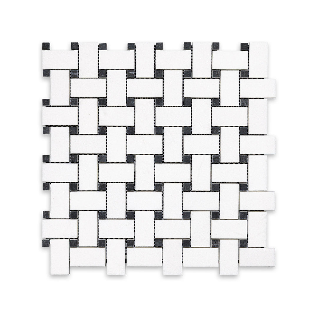Top-down view of Thassos White Marble basketweave mosaic with black dot in honed finish, combining timeless pattern with striking contrast and smooth texture.