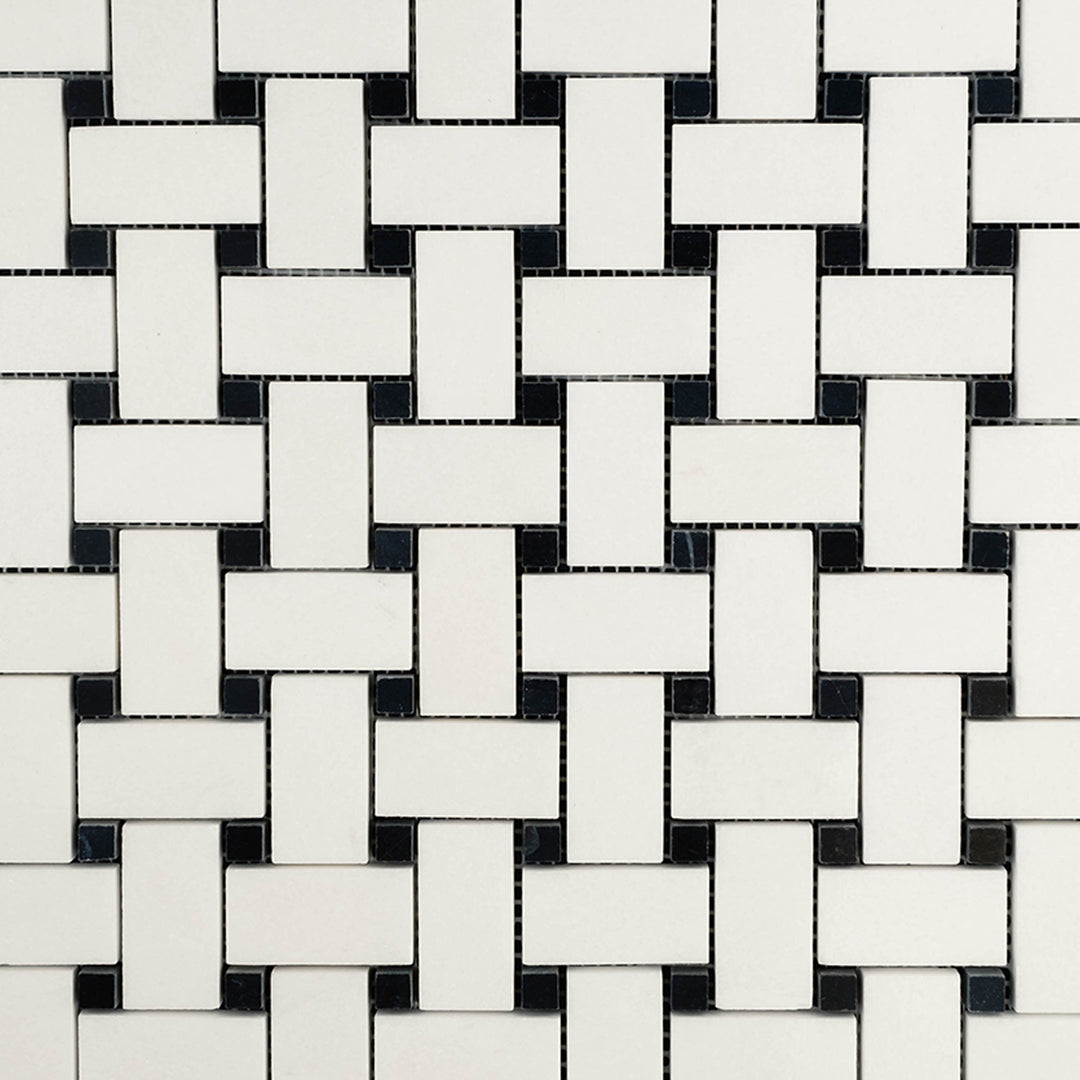 Overview of Thassos White Marble Basketweave with Black Dot Polished Mosaic highlighting high-contrast pattern with glossy finish.