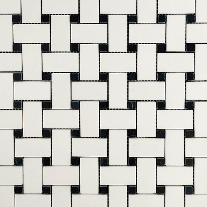 Overview of Thassos White Marble Basketweave with Black Dot Polished Mosaic highlighting high-contrast pattern with glossy finish.