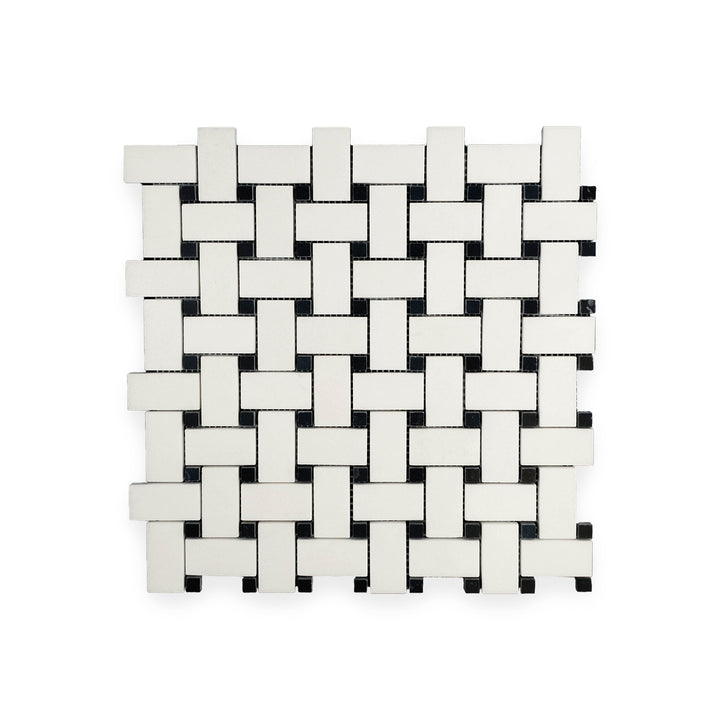 Polished Thassos White Marble basketweave mosaic with black dot viewed from above, showcasing a classic layout with brilliant white and deep accent tones.