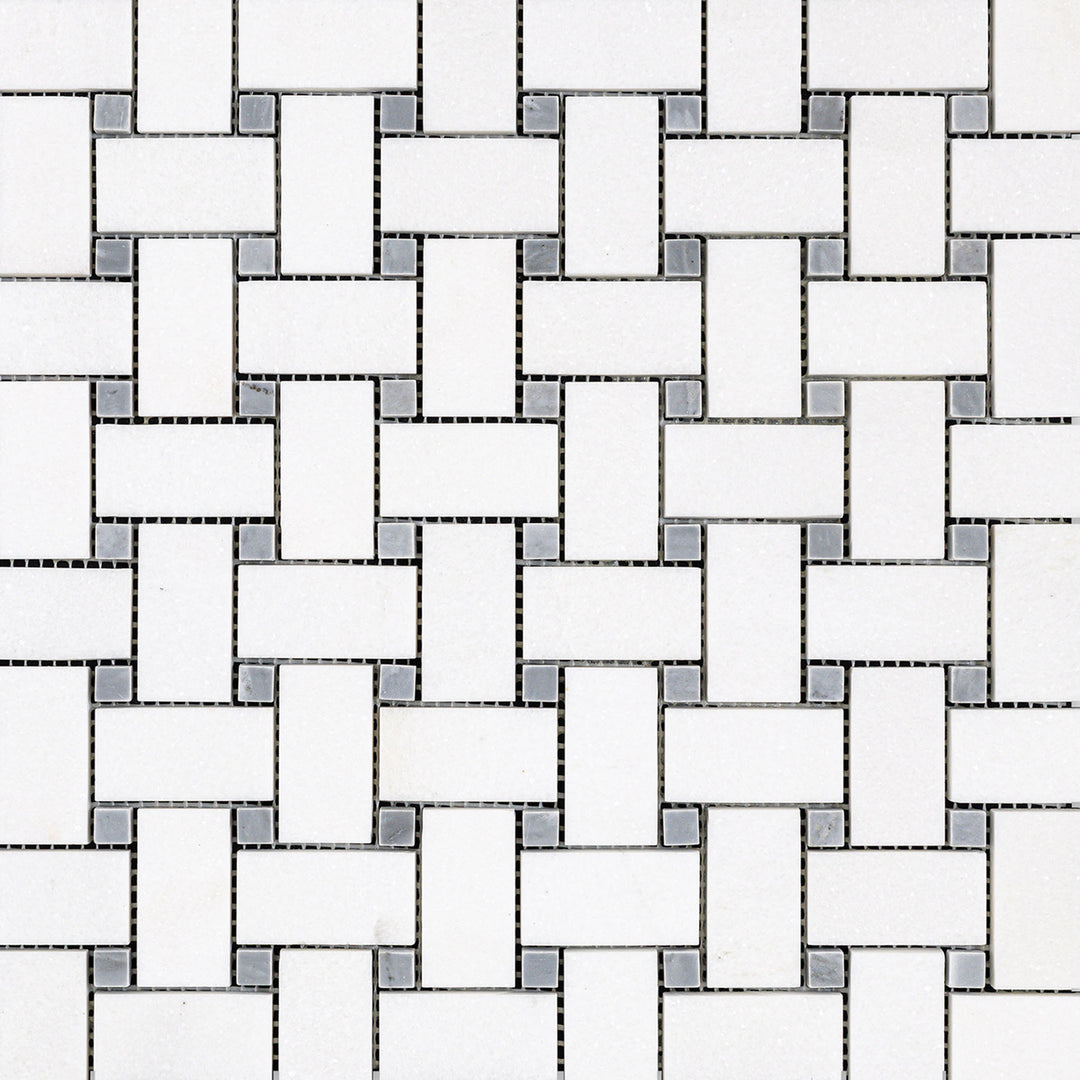 Overview of Thassos White Marble Basketweave with Blue Dot Honed Mosaic featuring matte white marble with soft blue accents.