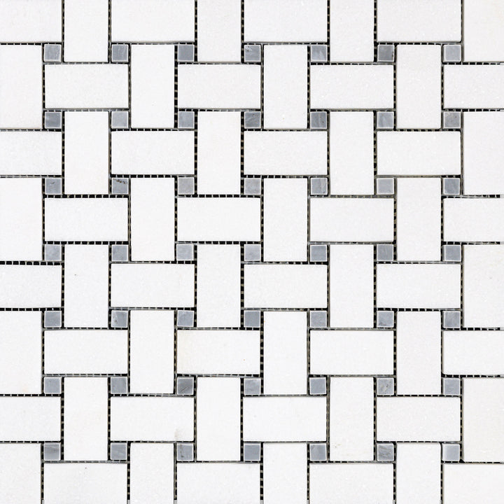 Overview of Thassos White Marble Basketweave with Blue Dot Honed Mosaic featuring matte white marble with soft blue accents.