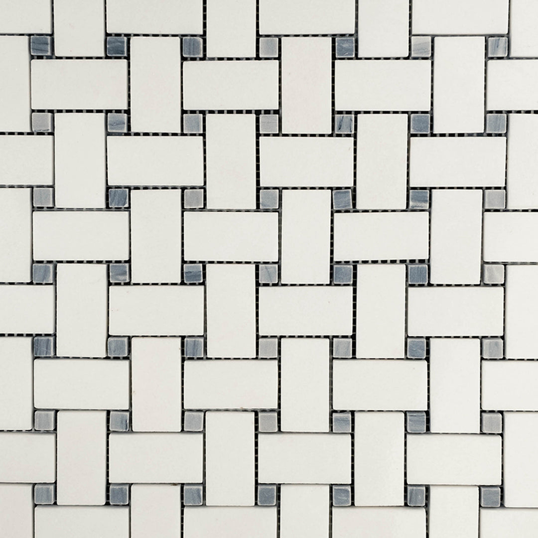 Overview of Thassos White Marble Basketweave with Blue Dot Polished Mosaic displaying a polished surface and subtle color contrast.