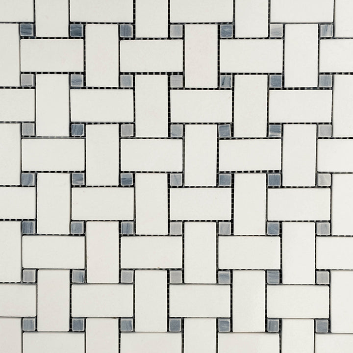 Overview of Thassos White Marble Basketweave with Blue Dot Polished Mosaic displaying a polished surface and subtle color contrast.