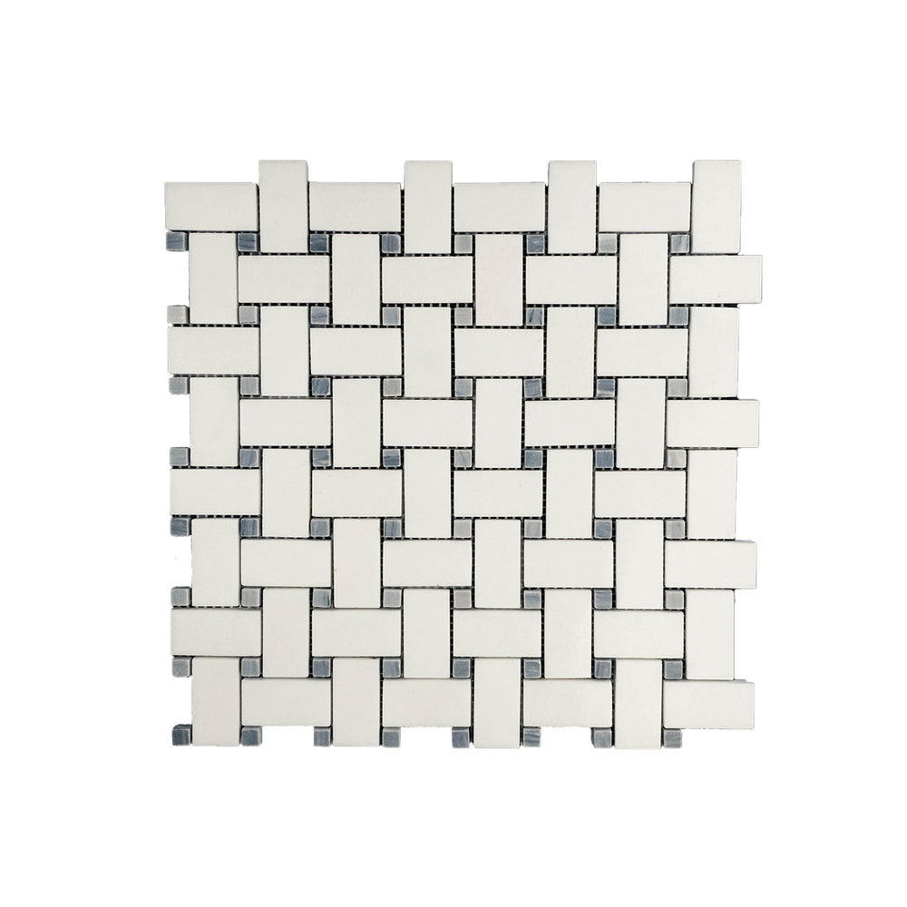 Polished Thassos White Marble basketweave mosaic with blue dot captured from the top, offering a clean bright layout with glossy accents and cool color tones.