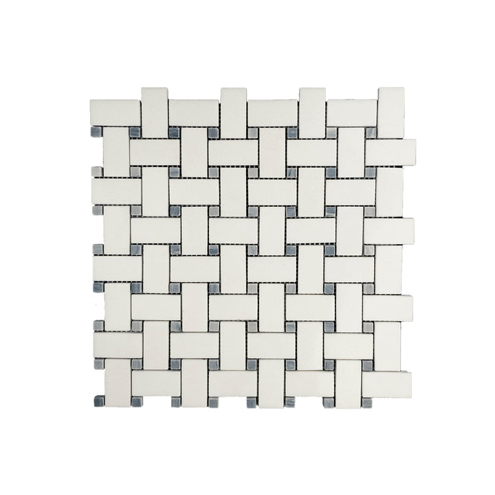 Polished Thassos White Marble basketweave mosaic with blue dot captured from the top, offering a clean bright layout with glossy accents and cool color tones.