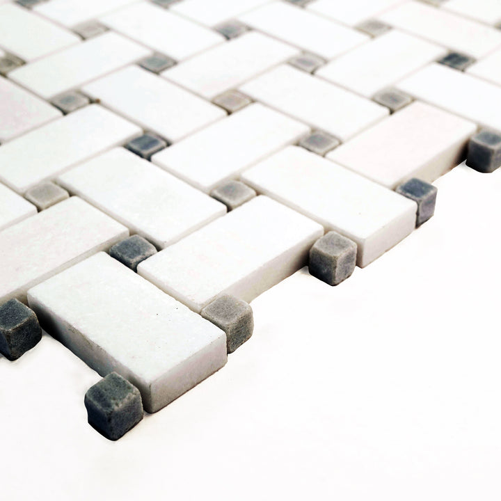 Thassos White marble basketweave with blue dot, polished, corner view showcasing reflective white stone and crisp blue center points.